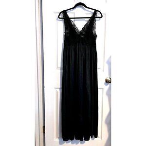 Vintage SHADOWLINE Black Nylon Lace Detail Full Slip Nightgown Dress Sz M